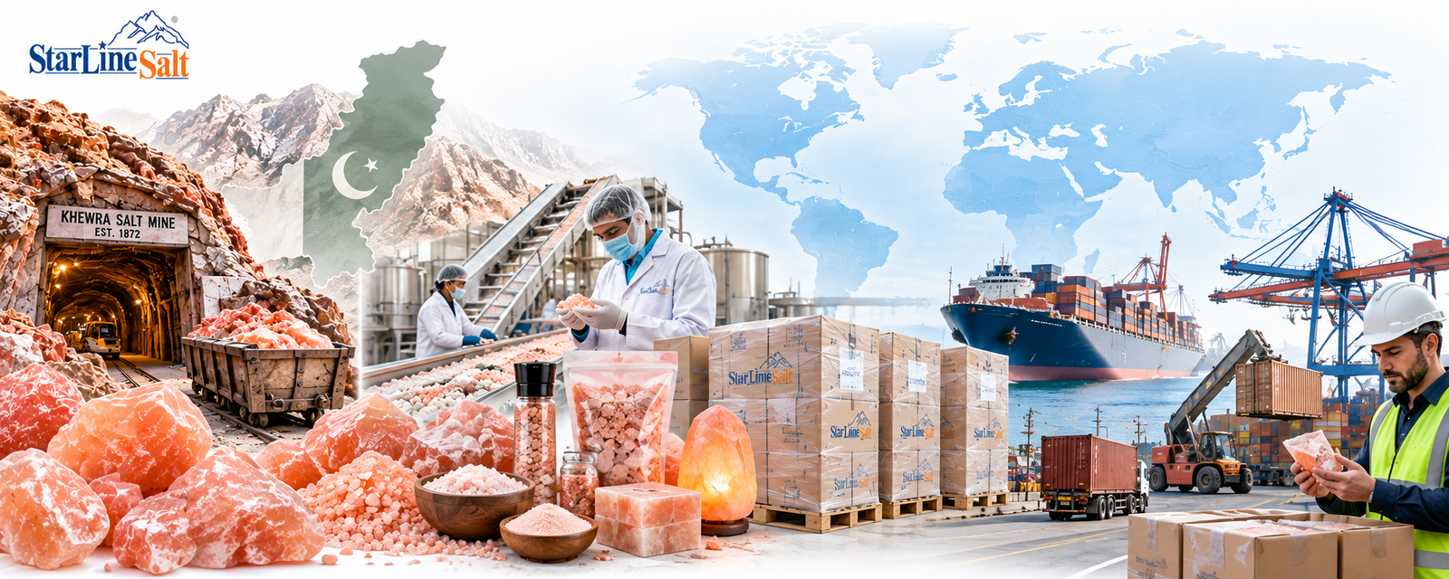 Himalayan salt exporters in Pakistan processing, packaging, and shipping pink salt from Khewra to global markets.