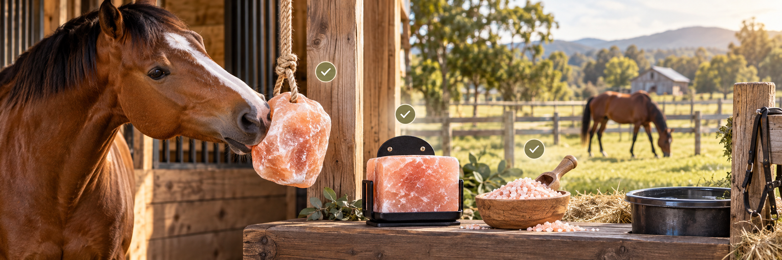 Horse licking Himalayan horse lick salt beside a salt block and loose pink salt in a bright stable and paddock setting.