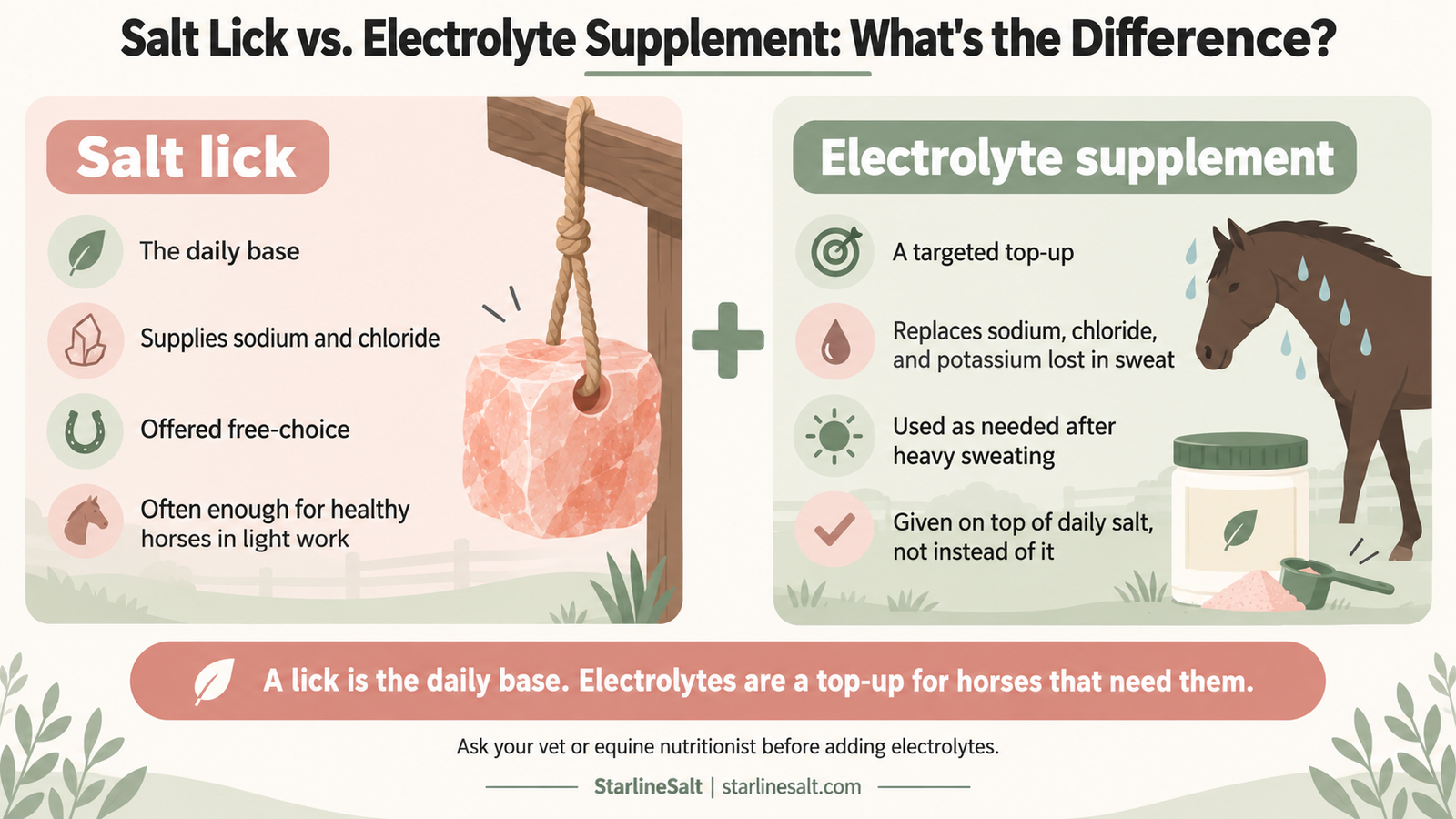 Infographic comparing salt lick and electrolyte supplement for horses, explaining daily himalayan horse lick salt use versus top up support.