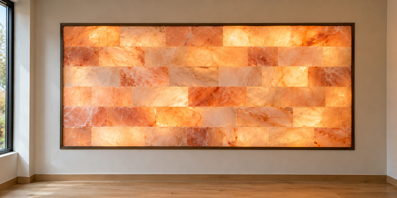 Himalayan salt bricks for walls installed in a decorative backlit feature wall with warm ambient lighting