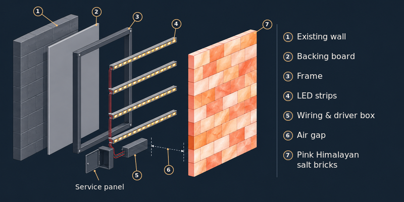 Exploded diagram of a backlit salt wall showing frame, backing, LED strips, air gap, salt bricks and service panel