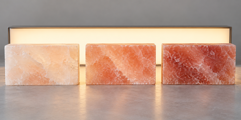 Himalayan salt bricks for walls in light pink, peach, and deep red color variations