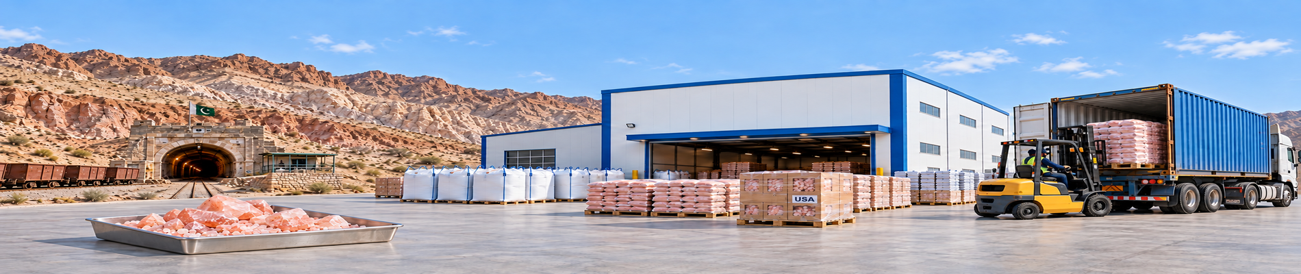 Pink Himalayan rock salt exporter in Pakistan with warehouse, packaged salt pallets, forklift, and shipping container