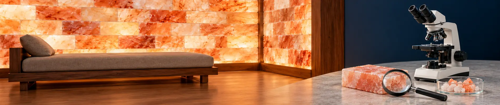 Himalayan salt room with pink salt brick walls and warm lighting