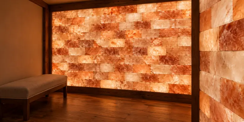Illuminated Himalayan salt brick wall in a wellness room, installed with StarlineSalt bricks