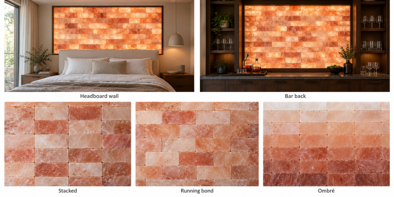 Himalayan salt bricks for walls showing headboard wall, bar back, stacked, running bond, and ombré installation designs