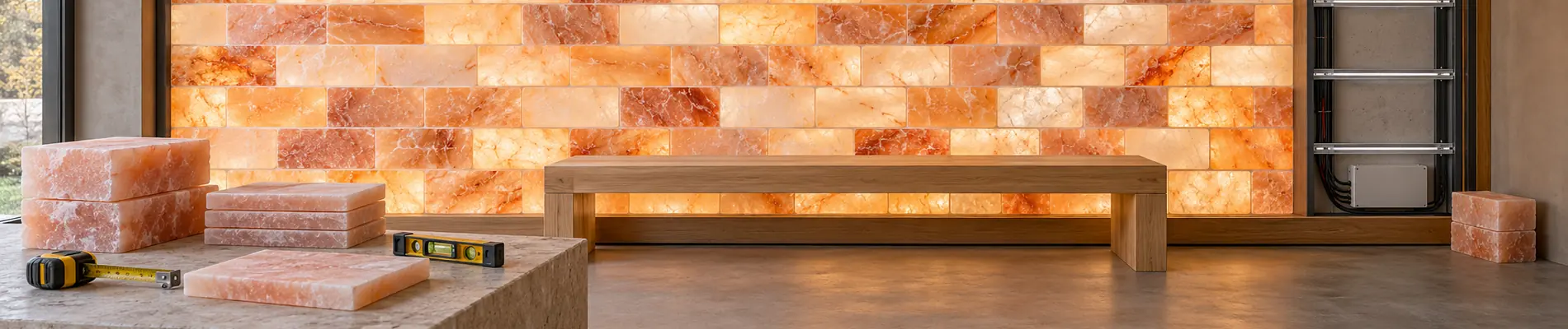 Build a salt room with Himalayan pink salt bricks and a custom wooden bench