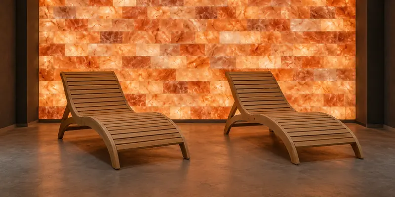 Backlit pink Himalayan salt brick wall in a modern salt room