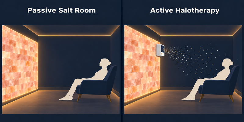 Diagram comparing a passive Himalayan salt room with active halotherapy
