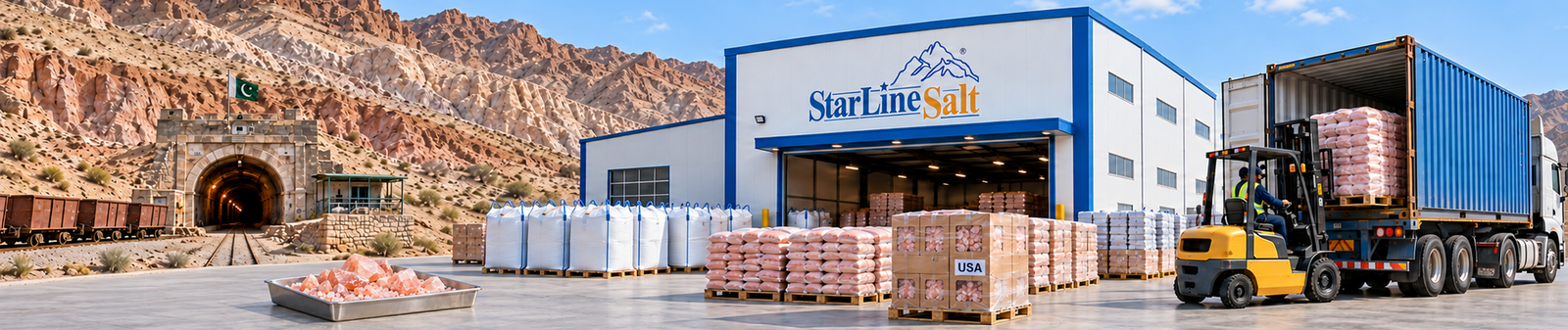 Pink Himalayan rock salt exporter in Pakistan with warehouse, packaged salt pallets, forklift, and shipping container