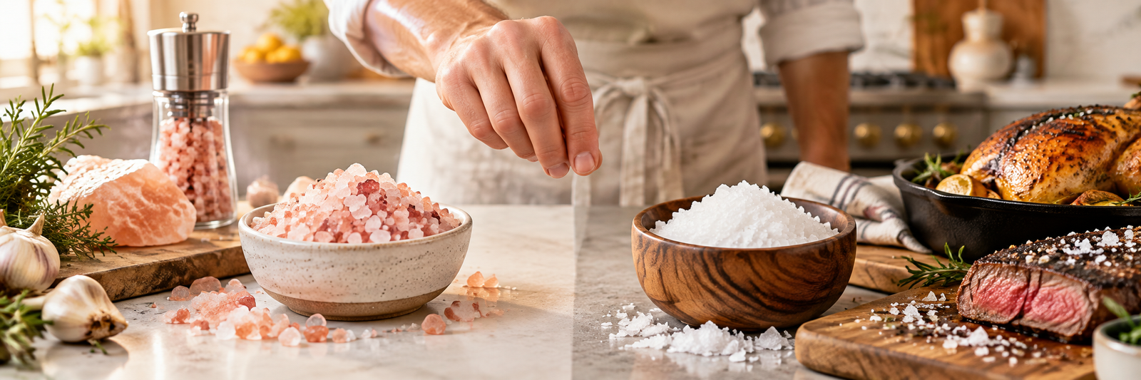 Pink Himalayan rock salt beside coarse kosher salt in a modern kitchen with steak, roast chicken, and cooking ingredients.