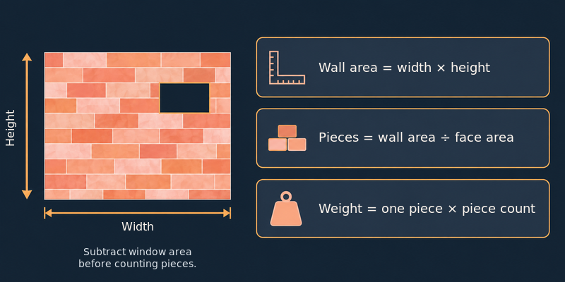 Infographic showing how to calculate wall area, piece count and total weight for a salt wall